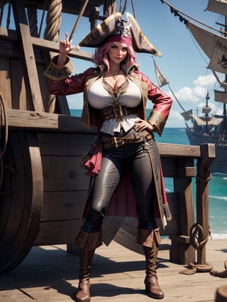 A pirate woman, wearing brown leather coat, white T-shirt, black pants, brown leather boots, steals very stylishly, ((gigantic breasts)), pink hair, messy hair, short hair, straight hair, hair with bangs in front of the eyes, ((pirate hat on the head)), ((pirate eye patch)), looking at the viewer, (((pose with interaction and leaning on [something|an object]))),  on a pirate ship with furniture, structures, many pirates, ((full body):1.5), 16k, UHD, best possible quality, ultra detailed, best possible resolution, Unreal Engine 5, professional photography, well-detailed fingers, well-detailed hand, perfect_hands, ((pirates)), ((pirates of the caribbean style))