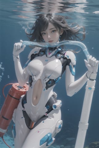 Female mech, water tube grabbing chest, underwater, water tube, white pillar inserted into vagina