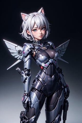 masterpiece,best quality,ultra-detailed, , 1girl,solo,, dark theme, mecha musume, mechanical parts,robot joints, blush,standing,cowboy shot, cat ears,sakamata, holding gun, wings, white hair
