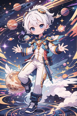 white hair boy, electric blue eyes, smiling, playing with planets, dynamic pose, nebula background, outer space, milky way, galaxy, cosmic, power aura, perfect hands,glitter