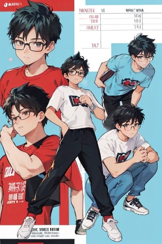 character sheet, light blue background, beautiful, good hands, full body, looking to the camera, black hair, black eyes, glasses, honey-colored skin,18 year old boy body, full_body, character_sheet, fashionable hairstyle,black joggers pants, red design t-shirt, shoes,comic_book_cover