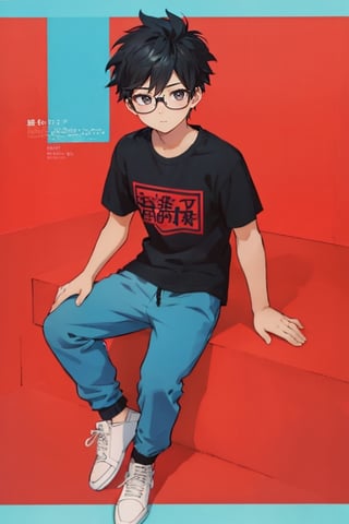 light blue background, beautiful, good hands, full body, looking to the camera, smile, black hair, black eyes, glasses, honey-colored skin,18 year old boy body, full_body, character_sheet, fashionable hairstyle,black joggers pants, red design t-shirt, shoes
