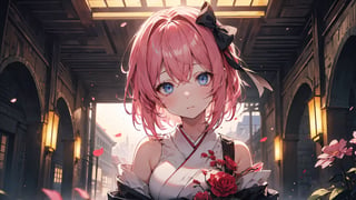 ((sayori, blue eyes, pink hair, hair bow, red bow,)),

masterpiece, best quality, extremely detailed, absurdres, expressive clothes, fine fabric emphasis, ray tracing, fantasy style, 1girl , upper body , portrait , tilted head , hanfu , obi , kimono , (split-color hair:1.4) , off shoulder, pink eyes , Japanese architecture, indoor , light and shadow, crystal flower, crystal,solid warm colors,1 girl, goose feather snow, plum blossom, Arcadia,school uniform