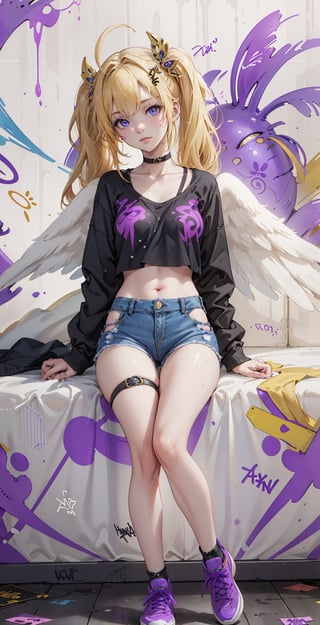 ((filo, blonde hair, ahoge, hair ornament, flat chest, bangs, long hair,angel wings))masterpiece:1.2,(masterpiece:1.3), (best quality:1.3), high resolution, 

master-piece, bestquality, 1girls,15 years old, Twintail hairstyle, proportional body, crop top, Long Jeans, oversized breasts, ,bara, crop top, shorts jeans, choker, (Graffiti:1.5),sitting on the floor, Splash with purple lightning pattern., arm behind back, against wall, View viewers from the front., Thigh strap, Head tilt, bored,,girl,polychrome