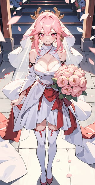 ((Yae miko,)) girl, an anime girl in a wedding dress, 1girl, bouquet, solo, long hair, breasts, wedding dress, pink hair, red eyes, thigh highs, bridal veil, holding bouquet, cleavage:2, standing, looking at viewer, legs open,Pro Lighting,1 girl,