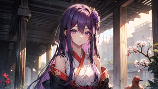 ((yuri, purple eyes, purple hair, hair between eyes, hairclip, long hair,)),

masterpiece, best quality, extremely detailed, absurdres, expressive clothes, fine fabric emphasis, ray tracing, fantasy style, 1girl , upper body , portrait , tilted head , hanfu , obi , kimono , (split-color hair:1.4) , off shoulder, pink eyes , Japanese architecture, indoor , light and shadow, crystal flower, crystal,solid warm colors,1 girl, goose feather snow, plum blossom, Arcadia,school uniform