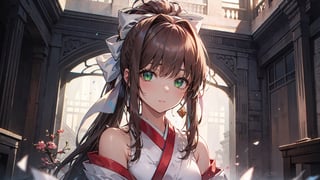 ((monika, green eyes, brown hair, very long hair, ponytail, hair ribbon, white ribbon,)),

masterpiece, best quality, extremely detailed, absurdres, expressive clothes, fine fabric emphasis, ray tracing, fantasy style, 1girl , upper body , portrait , tilted head , hanfu , obi , kimono , (split-color hair:1.4) , off shoulder, pink eyes , Japanese architecture, indoor , light and shadow, crystal flower, crystal,solid warm colors,1 girl, goose feather snow, plum blossom, Arcadia,school uniform