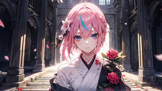 (( ichika nakano, short hair, bangs, blue eyes, hair between eyes, pink hair, earrings,,)),

masterpiece, best quality, extremely detailed, absurdres, expressive clothes, fine fabric emphasis, ray tracing, fantasy style, 1girl , upper body , portrait , tilted head , hanfu , obi , kimono , (split-color hair:1.4) , off shoulder, pink eyes , Japanese architecture, indoor , light and shadow, crystal flower, crystal,solid warm colors,1 girl, goose feather snow, plum blossom, Arcadia,school uniform