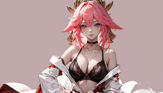 ((1girl, Yae miko,))

(masterpiece:1.3), (best quality:1.3), high resolution, master-piece, bestquality, 1girls,15 years old, (masterpiece:1.2, best quality,), (Soft light), (shiny skin), 1girls, off shoulders,hair, between breasts, medium breast, breasts, choker, cleavage, collarbone, lingerie, looking at viewer, pink background, facing breasts, , womb tattoo,solo, female_solo,1 girl, 1 girl, one girl,upper_body,upper body,,sketch,