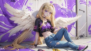 ((filo, blonde hair, ahoge, hair ornament, flat chest, bangs, long hair,angel wings))masterpiece:1.2,(masterpiece:1.3), (best quality:1.3), high resolution, 

master-piece, bestquality, 1girls,15 years old, Twintail hairstyle, proportional body, crop top, Long Jeans, oversized breasts, ,bara, crop top, shorts jeans, choker, (Graffiti:1.5),sitting on the floor, Splash with purple lightning pattern., arm behind back, against wall, View viewers from the front., Thigh strap, Head tilt, bored,,girl,polychrome