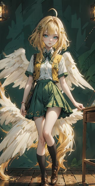 ((filo, blonde hair, ahoge, hair ornament, flat chest, bangs, long hair,angel wings))masterpiece:1.2,(masterpiece:1.3), (best quality:1.3), high resolution, 

BREAK skirt, shirt, bow, ribbon, school uniform, white shirt, short sleeves, pleated skirt, shoes, socks, collared shirt, miniskirt, bowtie, black footwear, kneehighs, green skirt, black socks, loafers, green bow, sweater vest, green ribbon,, BREAK indoors, classroom, BREAK looking at viewer, BREAK (masterpiece:1.2), best quality, high resolution, unity 8k wallpaper, (illustration:0.8), (beautiful detailed eyes:1.6), extremely detailed face, perfect lighting, extremely detailed CG, (perfect hands, perfect anatomy),, dynamic pose, ,,girl,polychrome