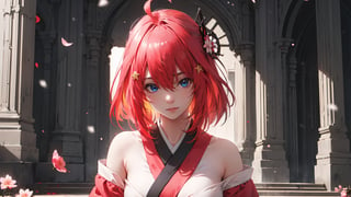 (( itsuki nakano, bangs, blue eyes, hair between eyes, ahoge, red hair, star \(symbol\), hair ornament, star hair,,)),

masterpiece, best quality, extremely detailed, absurdres, expressive clothes, fine fabric emphasis, ray tracing, fantasy style, 1girl , upper body , portrait , tilted head , hanfu , obi , kimono , (split-color hair:1.4) , off shoulder, pink eyes , Japanese architecture, indoor , light and shadow, crystal flower, crystal,solid warm colors,1 girl, goose feather snow, plum blossom, Arcadia,school uniform