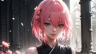 (( ichika nakano, short hair, bangs, blue eyes, hair between eyes, pink hair, earrings,,)),

masterpiece, best quality, extremely detailed, absurdres, expressive clothes, fine fabric emphasis, ray tracing, fantasy style, 1girl , upper body , portrait , tilted head , hanfu , obi , kimono , (split-color hair:1.4) , off shoulder, pink eyes , Japanese architecture, indoor , light and shadow, crystal flower, crystal,solid warm colors,1 girl, goose feather snow, plum blossom, Arcadia,school uniform