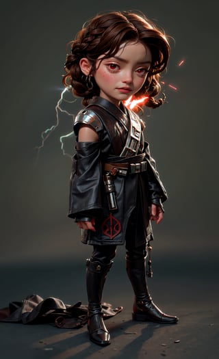 Full body 3/4 view, Chibi version of Rey from Star Wars as a Sith Lord, Bulky Clothes, Lightning coming from hands, 1 Shoulder Pauldron, Sachel over Shoulder, Evil Expression, Red Eyes, inspired by star wars, Sith Lord Outfit, Curly Brown hair, Braided locks of hair, Star Wars,DonMl1ghtning