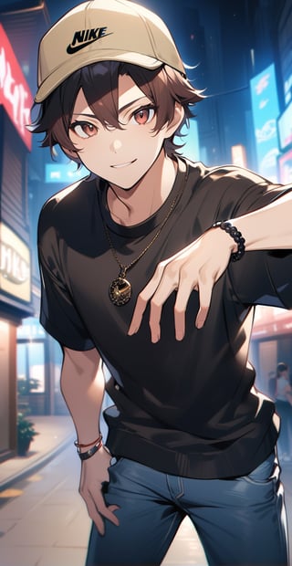 Create an anime-style portrait of a character named Ignatius with dark brown hair and matching dark brown eyes. Ignatius has a fair complexion and an athletic build. He is posing for a camera with a confident and friendly expression while taking a selfie. Imagine him wearing an oversized black polo shirt and baggy/stretch jeans, giving him a relaxed and comfortable appearance. Additionally, place a beige cap on his head, adding a casual and urban touch to his outfit. His ensemble is accessorized with a Rolex-style watch on his right wrist and a bracelet adorned with black pearls on his left. His white Nike sneakers are visible in the frame. The background should depict an urban setting with soft city lights in the distance. Focus on capturing Ignatius's personality through his pose and expression, ensuring the anime-style artwork highlights his loose-fitting attire and features