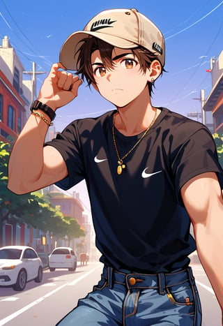 score_9, score_8_up, score_7_up, score_6_up, score_5_up, score_4_up,
Create an anime-style portrait of a character named Ignatius with dark brown hair and matching dark brown eyes. Ignatius has a fair complexion and an athletic build. He is posing for a camera with a confident and friendly expression while taking a selfie. Imagine him wearing an oversized black polo shirt and baggy/stretch jeans, giving him a relaxed and comfortable appearance. Additionally, place a beige cap on his head, adding a casual and urban touch to his outfit. His ensemble is accessorized with a Rolex-style watch on his right wrist and a bracelet adorned with black pearls on his left. His white Nike sneakers are visible in the frame. The background should depict an urban setting with soft city lights in the distance. Focus on capturing Ignatius's personality through his pose and expression, ensuring the anime-style artwork highlights his loose-fitting attire and features

