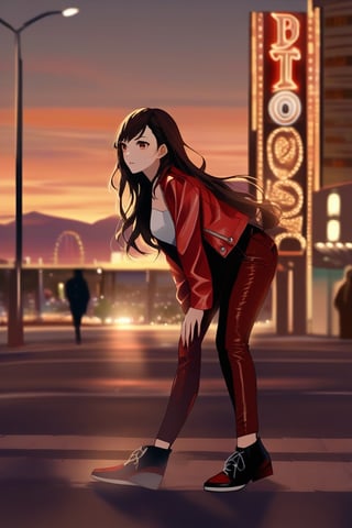 cartoon full body of a beautiful Gal Gadot 25 years old a wearing a red leather jacket whit out pants stand up in the street at sunset whit the city of Las Vegas as background in 4k