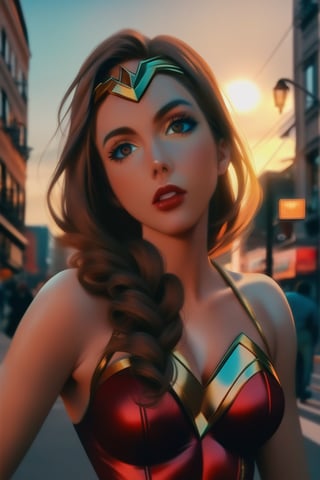 cartoon full body of a beautiful Gal Gadot  26 years old ,brown hair, brown eyes  wearing a skimpy custom of wonder woman DC stand up at sunset  in a street of New york at sunset as background in 4k,ScarlettJohansson,disney pixar style,better photography,OHWX
