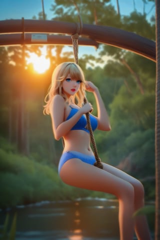 a cartoon full body of a beautiful Taylor Swift 26 years old ,blonde hair, blue eyes  wearing a skimpy blue bikini sitting on a swing holding a rope in a forest whit a river at sunset  as background in 4k,TaylorSwift,photo r3al,disney pixar style