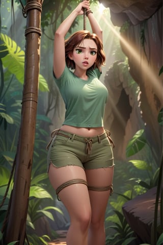cartoon  full body of a beautiful Scarlett  Johansson 25 years old brown hair, wearing a green T-shirt, green jeans shorts whit the hands tied a pole stand up in a cave in the jungle at morning whit lightin natural as background in 4k,OHWX,better photography,disney pixar style