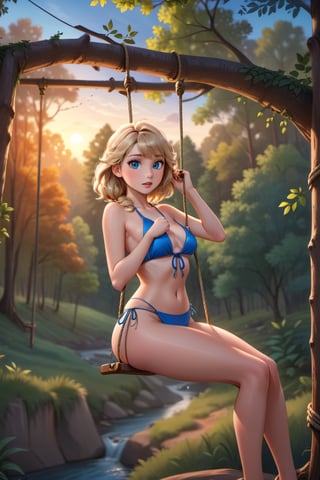 a cartoon full body of a beautiful Taylor Swift 26 years old ,blonde hair, blue eyes  wearing a skimpy blue bikini sitting on a swing holding a rope in a forest whit a river at sunset  as background in 4k,TaylorSwift,photo r3al,disney pixar style