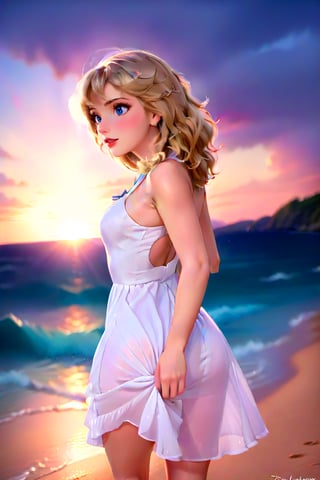 cartoon of Taylor Swift, 23, stands confidently on a sun-kissed beach at golden hour. Her bright blonde curls cascade down her back like honeycombed waves. Her features are radiant under a fiery sunset sky, red lips glistening with a subtle smile. A flowing white dress hugs her curves, the sea breeze rustling its delicate folds as she gazes out towards the horizon.,TaylorSwift,Taylor Swift woman,photo r3al,disney pixar style,Extremely Realistic