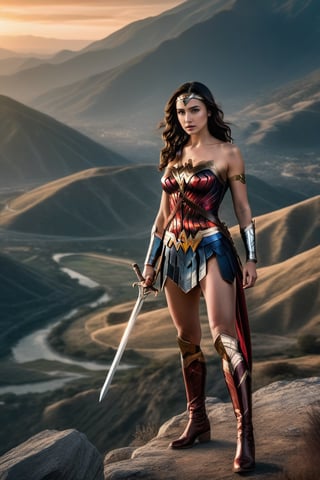 photography full body of a beautiful Gal Gadot 25 years old as wonder woman of DC  black hair, whit a sword in a hand wearing a custom of wonder woman stand up in a mountain at sunset whit Athenas as background in 4k,OHWX,better photography,OHWX WOMEN 