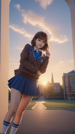 a photography full body of a beautiful caucasian girl 19 years old ,brown small hair, wearing a skimpy blue school uniform and miniskirt stand up in a college at sunset  as background in 4k,Extremely Realistic,photorealistic,disney pixar style,photo r3al, score_9_up