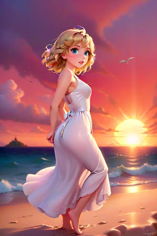 cartoon of Taylor Swift, 23, stands confidently on a sun-kissed beach at golden hour. Her bright blonde curls cascade down her back like honeycombed waves. Her features are radiant under a fiery sunset sky, red lips glistening with a subtle smile. A flowing white dress hugs her curves, the sea breeze rustling its delicate folds as she gazes out towards the horizon.,TaylorSwift,Taylor Swift woman,photo r3al,disney pixar style,Extremely Realistic