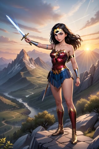 cartoon full body of a beautiful Gal Gadot 25 years old as wonder woman of DC  black hair, whit a sword in a hand wearing a custom of wonder woman stand up in a mountain at sunset whit Athenas as background in 4k,OHWX,better photography,OHWX WOMEN ,disney pixar style