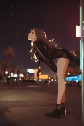 cartoon full body of a beautiful Gal Gadot 25 years old a wearing a black leather jacket whit out pants stand up in the street at sunset whit the city of Las Vegas as background in 4k