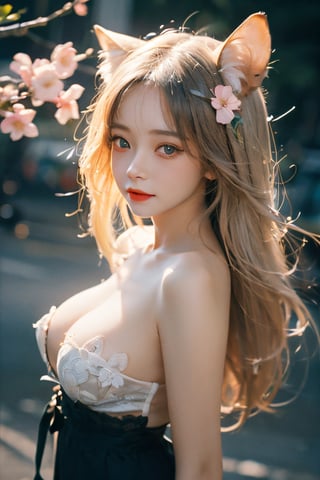  (extremely detailed CG unity 8k wallpaper),(((masterpiece))), (((best quality))), ((ultra-detailed)), (best illustration),(best shadow), ((an extremely delicate and beautiful)),dynamic angle,{{{Animation}}},crayon painting,{cute},1girl,white hair,heterochmatic,red eyes and yellow eyes,LARGE BREAST,cat ears,{{{wide white outlines}}},{cute},Normal human body structure,full body,Cherry blossom background,spring,angle,,1 girl