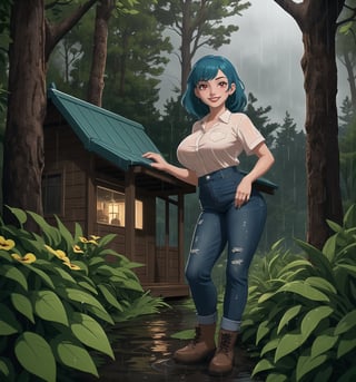 An ultra-detailed 16K masterpiece with macabre stylings fused with camper elements, rendered in ultra-high resolution with graphic detail. A young woman is dressed in a camper outfit, including a green short-sleeved shirt, jeans and mountain boots. She has short, straight blue hair with a big fringe that covers part of her bright red eyes. She has two long pansies with blue clips and is ((smiling, showing her white teeth)) wearing red lipstick. The rain hitting her wet outfit reveals her sensual curves as she explores the macabre forest during the stormy night. The image highlights the figure of the young woman and the wooden structures and tall trees of the camp around her. Intermittent lightning flashes illuminate the scene and create dramatic shadows, emphasising the details of the wet forest. Dramatic lighting effects and heavy rain create a sombre and tense atmosphere, while detailed textures in the costume and vegetation add realism to the image. A sensual and frightening scene of a young woman in the camp during a storm in the macabre forest. (((((The image reveals a full-body shot as she strikes a sensual pose, engagingly leaning against a structure within the scene in a thrilling manner. As she leans back, she assumes a sensual pose, leaning against the structure and reclining in an exciting way.))))). | ((full-body shot)), ((perfect pose)), ((perfect fingers, better hands, perfect hands)), ((perfect legs, perfect feet)), ((huge breasts)), ((perfect design)), ((perfect composition)), ((very detailed scene, very detailed background, perfect layout, correct imperfections)), More Detail, Enhance