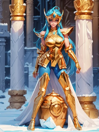 A woman, wearing gold armor, very tight and tight on the body, gigantic breasts, blue hair, short hair, straight hair, hair with bangs in front of the eyes, (helmet on the head), looking at the viewer, (((pose with interaction and leaning on [something|an object])), in an ancient temple with altars, pillars, lots of snow and ice, icy air, is night, ((full body):1.5), 16k, UHD, best possible quality, ultra detailed, best possible resolution, Unreal Engine 5, professional photography, well-detailed fingers, well-detailed hand, perfect_hands