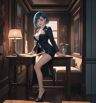 An ultra-detailed 4K fantasy-adventure masterpiece, rendered in ultra-high resolution with stunning graphical detail. | Sophia, a 35-year-old woman, is dressed in a lawyer's suit, consisting of a white blouse, black skirt and black jacket. She also wears a pearl necklace, pearl earrings, a gold bracelet, and a gold wristwatch. Her short blue hair is slicked back in a sleek, modern cut. Her red eyes are looking straight at the viewer, while she ((smiles and shows her teeth)), wearing bright red lipstick and war paint on her face. It is located in a law office, with wooden structures, a window showing the city at night, raining heavily, metal structures and a computer on the table. The light from the table lamp illuminates the room, creating a professional and focused atmosphere. | The image highlights Sophia's sensual and strong figure and the elements of the law office, creating an atmosphere of mystery and adventure. Dramatic lighting creates deep shadows and highlights details in the scene. | Soft, moody lighting effects create a relaxing and mysterious atmosphere, while rough, detailed textures on structures and decor add realism to the image. | A sensual and terrifying scene of a beautiful woman in a law office at night, fusing fantasy and adventure art elements. | (((The image reveals a full-body shot as Sophia assumes a sensual pose, engagingly leaning against a structure within the scene in an exciting manner. She takes on a sensual pose as she interacts, boldly leaning on a structure, leaning back and boldly throwing herself onto the structure, reclining back in an exhilarating way.))). | ((((full-body shot)))), ((perfect pose)), ((perfect limbs, perfect fingers, better hands, perfect hands))++, ((perfect legs, perfect feet))++, ((huge breasts)), ((perfect design)), ((perfect composition)), ((very detailed scene, very detailed background, perfect layout, correct imperfections)), Enhance++, Ultra details++, More Detail++