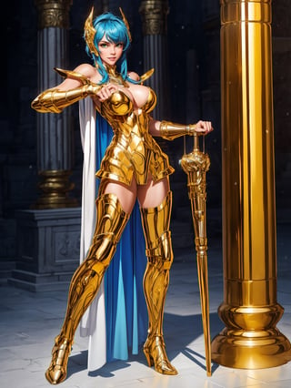 A woman, wearing gold armor, very tight and tight on the body, gigantic breasts, blue hair, short hair, straight hair, hair with bangs in front of the eyes, (helmet on the head), looking at the viewer, (((pose with interaction and leaning on [something|an object])), in an ancient temple with altars, pillars, lots of snow and ice, icy air,  is night, ((full body):1.5), 16k, UHD, best possible quality, ultra detailed, best possible resolution, Unreal Engine 5, professional photography, well-detailed fingers, well-detailed hand, perfect_hands