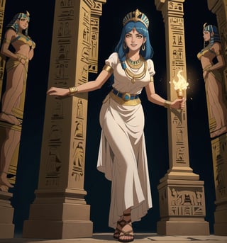 A masterpiece in 8K ultra-detailed resolution, combining the ancient Egyptian style with horror elements, rendered in ultra-high resolution with impressive details. | A 25-year-old woman wears an Egyptian outfit consisting of a white tunic with gold details, a long skirt with blue and gold stripes, a gold belt with scarab-shaped pendants, and gold sandals. She also wears a wide necklace with Eye of Horus pendants, gold bracelets with Egyptian engravings, and a gold tiara with a raised cobra on her forehead. Her blue hair is long and straight, with a side bang and a high hairstyle adorned with gold beads. Her yellow eyes are looking at the viewer while she smiles and shows her teeth. She is inside an Egyptian tomb, surrounded by hieroglyphs, statues of Egyptian gods, ancient sarcophagi, and hidden treasures. The atmosphere is mysterious and fascinating, with torchlight illuminating the tomb walls and creating dancing shadows. | The image highlights the beauty and mystery of the Egyptian woman, contrasting with the dark and scary tomb environment. The gold and blue details of the woman's outfit shine in the darkness, while the statues and hieroglyphs create a sense of antiquity and hidden secrets. The dramatic torchlight illuminates the scene's details and creates a tense and fearful atmosphere. | Soft and dark lighting effects create a mysterious and scary atmosphere, while detailed textures on the tomb walls, fabrics, and accessories add realism to the image. | A fascinating and terrifying scene of an Egyptian woman inside an ancient tomb, exploring themes of mystery, fear, and beauty. | (((((The image reveals a full-body shot of the character as she assumes a sensual pose. She enticingly leans, throws herself, and supports herself against a structure within the scene in an exciting manner. While leaning back, she takes on a sensual pose, boldly throwing herself onto the structure and reclining back in an exhilarating way.))))). | ((full-body shot)), ((perfect pose)), ((perfect fingers, better hands, perfect hands)), ((perfect legs, perfect feet)), ((huge breasts)), ((perfect design)), ((perfect composition)), ((very detailed scene, very detailed background, perfect layout, correct imperfections)), More Detail, Enhance,