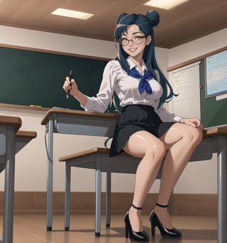 A masterpiece in 8K ultra-detailed resolution with Realistic and Comedy styles, rendered in ultra-high resolution with graphic details. | A young 23-year-old woman, wearing a white blouse, a black skirt, black stockings, black high-heeled shoes, and reading glasses. Her long ((blue hair)) is tied up in a high bun with a pen. Her yellow eyes look at the viewer with a ((friendly smile, showing her teeth)). | The image emphasizes the figure of the woman in the middle of a classroom with tables and chairs, a blackboard, a pointer, textbooks, and an interactive whiteboard. The students are seated at the tables, listening attentively to the lesson. | Soft and natural lighting effects create a welcoming and fun atmosphere, while detailed textures on the clothes and fabrics add realism to the image. | A cheerful and humorous scene of a young teacher giving a lesson, exploring themes of education, fun, and learning. | (((((The image reveals a full-body shot of the character as she assumes a sensual pose. She enticingly leans, throws herself, and supports herself against a structure within the scene in an exciting manner. While leaning back, she takes on a sensual pose, boldly throwing herself onto the structure and reclining back in an exhilarating way.))))). | ((full-body shot)), ((perfect pose)), ((perfect fingers, better hands, perfect hands)), ((perfect legs, perfect feet)), ((huge breasts)), ((perfect design)), ((perfect composition)), ((very detailed scene, very detailed background, perfect layout, correct imperfections)), More Detail, Enhance,