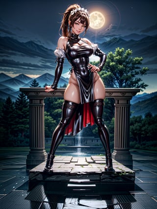 Just a female maid, black maid's outfit with white parts, brown boot, extremely tight and tight clothing, gigantic breasts, firm breasts, brown hair, shoulder-length hair, slender hair, hair with bangs in front of the eyes, hair in a ponytail, staring at the viewer, (((erotic pose interacting and leaning on something))), in an ancient Arcadian temple, with altars, great monuments, large statues, background of mountains with great waterfalls at night, with a full moon at the top left, ((full body):1.5), 16k, UHD, best possible quality, ((ultra detailed):1.2), best possible resolution, Unreal Engine 5, professional photography, perfect_hands