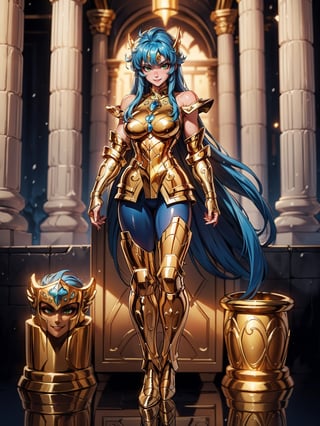 A woman, wearing gold armor, very tight and tight on the body, gigantic breasts, blue hair, short hair, straight hair, hair with bangs in front of the eyes, (helmet on the head), looking at the viewer, (((pose with interaction and leaning on [something|an object])), in an ancient temple with altars, pillars, lots of snow and ice, icy air, is night, ((full body):1.5), 16k, UHD, best possible quality, ultra detailed, best possible resolution, Unreal Engine 5, professional photography, well-detailed fingers, well-detailed hand, perfect_hands