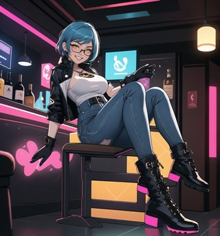 A masterpiece in 8K ultra-detailed resolution with Cyberpunk and Sci-Fi styles, rendered in ultra-high resolution with graphic details. | A young 23-year-old woman, wearing a black leather jacket with neon details, a white T-shirt, tight jeans, black leather boots and gloves, with a utility belt and augmented reality glasses. Her short blue hair, modern and stylish cut, with pink highlights, gently falls over her shoulders. Her yellow eyes look at the viewer with a ((seductive smile, showing her teeth)). | The image emphasizes the sensual figure of the woman in the middle of a modern bar with glass walls, metal furniture, neon lighting, holograms, and a dance floor. The electronic music plays loudly, creating a lively and energetic atmosphere. | Vibrant and colorful lighting effects create a futuristic and electrifying atmosphere, while detailed textures on the clothes and fabrics add realism to the image. | A sensual and futuristic scene of a young woman in a modern bar, exploring themes of seduction, technology, and energy. | (((((The image reveals a full-body shot of the character as she assumes a sensual pose. She enticingly leans, throws herself, and supports herself against a structure within the scene in an exciting manner. While leaning back, she takes on a sensual pose, boldly throwing herself onto the structure and reclining back in an exhilarating way.))))). | ((full-body shot)), ((perfect pose)), ((perfect fingers, better hands, perfect hands)), ((perfect legs, perfect feet)), ((huge breasts)), ((perfect design)), ((perfect composition)), ((very detailed scene, very detailed background, perfect layout, correct imperfections)), More Detail, Enhance