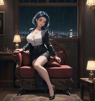 An ultra-detailed 4K fantasy-adventure masterpiece, rendered in ultra-high resolution with stunning graphical detail. | Sophia, a 35-year-old woman, is dressed in a lawyer's suit, consisting of a white blouse, black skirt and black jacket. She also wears a pearl necklace, pearl earrings, a gold bracelet, and a gold wristwatch. Her short blue hair is slicked back in a sleek, modern cut. Her red eyes are looking straight at the viewer, while she ((smiles and shows her teeth)), wearing bright red lipstick and war paint on her face. It is located in a law office, with wooden structures, a window showing the city at night, raining heavily, metal structures and a computer on the table. The light from the table lamp illuminates the room, creating a professional and focused atmosphere. | The image highlights Sophia's sensual and strong figure and the elements of the law office, creating an atmosphere of mystery and adventure. Dramatic lighting creates deep shadows and highlights details in the scene. | Soft, moody lighting effects create a relaxing and mysterious atmosphere, while rough, detailed textures on structures and decor add realism to the image. | A sensual and terrifying scene of a beautiful woman in a law office at night, fusing fantasy and adventure art elements. | (((The image reveals a full-body shot as Sophia assumes a sensual pose, engagingly leaning against a structure within the scene in an exciting manner. She takes on a sensual pose as she interacts, boldly leaning on a structure, leaning back and boldly throwing herself onto the structure, reclining back in an exhilarating way.))). | ((((full-body shot)))), ((perfect pose)), ((perfect limbs, perfect fingers, better hands, perfect hands))++, ((perfect legs, perfect feet))++, ((huge breasts)), ((perfect design)), ((perfect composition)), ((very detailed scene, very detailed background, perfect layout, correct imperfections)), Enhance++, Ultra details++, More Detail++