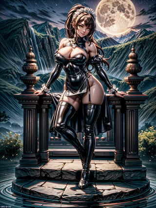 Just a female maid, black maid's outfit with white parts, brown boot, extremely tight and tight clothing, gigantic breasts, firm breasts, brown hair, shoulder-length hair, slender hair, hair with bangs in front of the eyes, hair in a ponytail, staring at the viewer, (((erotic pose interacting and leaning on something))), in an ancient Arcadian temple, with altars, great monuments, large statues, background of mountains with great waterfalls at night, with a full moon at the top left, ((full body):1.5), 16k, UHD, best possible quality, ((ultra detailed):1.2), best possible resolution, Unreal Engine 5, professional photography, perfect_hands