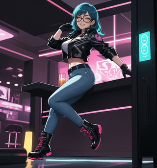 A masterpiece in 8K ultra-detailed resolution with Cyberpunk and Sci-Fi styles, rendered in ultra-high resolution with graphic details. | A young 23-year-old woman, wearing a black leather jacket with neon details, a white T-shirt, tight jeans, black leather boots and gloves, with a utility belt and augmented reality glasses. Her short blue hair, modern and stylish cut, with pink highlights, gently falls over her shoulders. Her yellow eyes look at the viewer with a ((seductive smile, showing her teeth)). | The image emphasizes the sensual figure of the woman in the middle of a modern bar with glass walls, metal furniture, neon lighting, holograms, and a dance floor. The electronic music plays loudly, creating a lively and energetic atmosphere. | Vibrant and colorful lighting effects create a futuristic and electrifying atmosphere, while detailed textures on the clothes and fabrics add realism to the image. | A sensual and futuristic scene of a young woman in a modern bar, exploring themes of seduction, technology, and energy. | (((((The image reveals a full-body shot of the character as she assumes a sensual pose. She enticingly leans, throws herself, and supports herself against a structure within the scene in an exciting manner. While leaning back, she takes on a sensual pose, boldly throwing herself onto the structure and reclining back in an exhilarating way.))))). | ((full-body shot)), ((perfect pose)), ((perfect fingers, better hands, perfect hands)), ((perfect legs, perfect feet)), ((huge breasts)), ((perfect design)), ((perfect composition)), ((very detailed scene, very detailed background, perfect layout, correct imperfections)), More Detail, Enhance