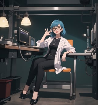 An ultra-detailed 16K masterpiece with a realistic and futuristic style, rendered in ultra-high resolution with stunning graphical detail. | Darla, a 30-year-old woman, is dressed in a scientist outfit consisting of a white shirt, black pants and a white lab coat. She is also wearing protective goggles and rubber gloves. His blue hair is short and combed back, with a slight disheveled effect. She has yellow eyes, looking at the viewer while smiling, showing her teeth and wearing red lipstick. She is in a sensual pose, leaning on a laboratory table with scientific equipment scattered around her. | The scene takes place in a disease study laboratory, with machines, metal structures, computers and concrete structures. Illumination is provided by fluorescent lights, creating harsh shadows on the walls and highlighting the details of the scene. | Soft, shadowy lighting effects create a tense, mysterious atmosphere, while detailed textures on materials and structures add realism to the image. | A sensual and intriguing scene of a scientist in a disease study laboratory, exploring themes of science, technology and seduction. | (((The image reveals a full-body shot as Darla assumes a sensual pose, engagingly leaning against a structure within the scene in an exciting manner. She takes on a sensual pose as she interacts, boldly leaning on a structure, leaning back and boldly throwing herself onto the structure, reclining back in an exhilarating way.))). | ((((full-body shot)))), ((perfect pose)), ((perfect limbs, perfect fingers, better hands, perfect hands)), ((perfect legs, perfect feet)), ((huge breasts)), ((perfect design)), ((perfect composition)), ((very detailed scene, very detailed background, perfect layout, correct imperfections)), More Detail, Enhance