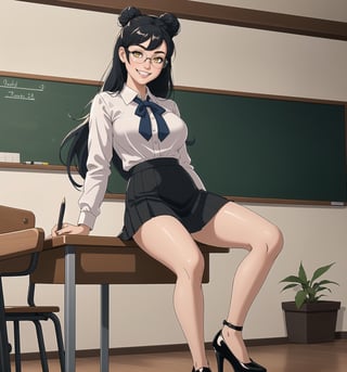 A masterpiece in 8K ultra-detailed resolution with Realistic and Comedy styles, rendered in ultra-high resolution with graphic details. | A young 23-year-old woman, wearing a white blouse, a black skirt, black stockings, black high-heeled shoes, and reading glasses. Her long blue hair is tied up in a high bun with a pen. Her yellow eyes look at the viewer with a ((friendly smile, showing her teeth)). | The image emphasizes the figure of the woman in the middle of a classroom with tables and chairs, a blackboard, a pointer, textbooks, and an interactive whiteboard. The students are seated at the tables, listening attentively to the lesson. | Soft and natural lighting effects create a welcoming and fun atmosphere, while detailed textures on the clothes and fabrics add realism to the image. | A cheerful and humorous scene of a young teacher giving a lesson, exploring themes of education, fun, and learning. | (((((The image reveals a full-body shot of the character as she assumes a sensual pose. She enticingly leans, throws herself, and supports herself against a structure within the scene in an exciting manner. While leaning back, she takes on a sensual pose, boldly throwing herself onto the structure and reclining back in an exhilarating way.))))). | ((full-body shot)), ((perfect pose)), ((perfect fingers, better hands, perfect hands)), ((perfect legs, perfect feet)), ((huge breasts)), ((perfect design)), ((perfect composition)), ((very detailed scene, very detailed background, perfect layout, correct imperfections)), More Detail, Enhance,