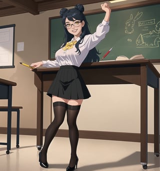 A masterpiece in 8K ultra-detailed resolution with Realistic and Comedy styles, rendered in ultra-high resolution with graphic details. | A young 23-year-old woman, wearing a white blouse, a black skirt, black stockings, black high-heeled shoes, and reading glasses. Her long blue hair is tied up in a high bun with a pen. Her yellow eyes look at the viewer with a ((friendly smile, showing her teeth)). | The image emphasizes the figure of the woman in the middle of a classroom with tables and chairs, a blackboard, a pointer, textbooks, and an interactive whiteboard. The students are seated at the tables, listening attentively to the lesson. | Soft and natural lighting effects create a welcoming and fun atmosphere, while detailed textures on the clothes and fabrics add realism to the image. | A cheerful and humorous scene of a young teacher giving a lesson, exploring themes of education, fun, and learning. | (((((The image reveals a full-body shot of the character as she assumes a sensual pose. She enticingly leans, throws herself, and supports herself against a structure within the scene in an exciting manner. While leaning back, she takes on a sensual pose, boldly throwing herself onto the structure and reclining back in an exhilarating way.))))). | ((full-body shot)), ((perfect pose)), ((perfect fingers, better hands, perfect hands)), ((perfect legs, perfect feet)), ((huge breasts)), ((perfect design)), ((perfect composition)), ((very detailed scene, very detailed background, perfect layout, correct imperfections)), More Detail, Enhance,