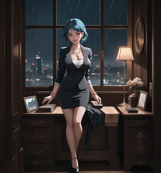 An ultra-detailed 4K fantasy-adventure masterpiece, rendered in ultra-high resolution with stunning graphical detail. | Sophia, a 35-year-old woman, is dressed in a lawyer's suit, consisting of a white blouse, black skirt and black jacket. She also wears a pearl necklace, pearl earrings, a gold bracelet, and a gold wristwatch. Her short blue hair is slicked back in a sleek, modern cut. Her red eyes are looking straight at the viewer, while she ((smiles and shows her teeth)), wearing bright red lipstick and war paint on her face. It is located in a law office, with wooden structures, a window showing the city at night, raining heavily, metal structures and a computer on the table. The light from the table lamp illuminates the room, creating a professional and focused atmosphere. | The image highlights Sophia's sensual and strong figure and the elements of the law office, creating an atmosphere of mystery and adventure. Dramatic lighting creates deep shadows and highlights details in the scene. | Soft, moody lighting effects create a relaxing and mysterious atmosphere, while rough, detailed textures on structures and decor add realism to the image. | A sensual and terrifying scene of a beautiful woman in a law office at night, fusing fantasy and adventure art elements. | (((The image reveals a full-body shot as Sophia assumes a sensual pose, engagingly leaning against a structure within the scene in an exciting manner. She takes on a sensual pose as she interacts, boldly leaning on a structure, leaning back and boldly throwing herself onto the structure, reclining back in an exhilarating way.))). | ((((full-body shot)))), ((perfect pose)), ((perfect limbs, perfect fingers, better hands, perfect hands))++, ((perfect legs, perfect feet))++, ((huge breasts)), ((perfect design)), ((perfect composition)), ((very detailed scene, very detailed background, perfect layout, correct imperfections)), Enhance++, Ultra details++, More Detail++