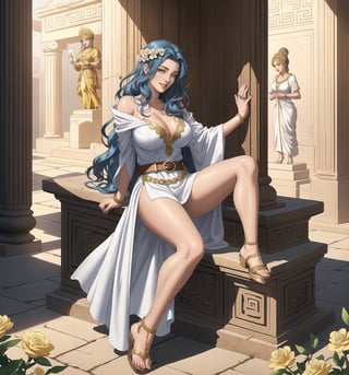 An ultra-detailed 16K masterpiece with classic and mythological styles, rendered in ultra-high resolution with stunning graphical detail. | Sofia, a 27-year-old woman, is dressed in a Greek woman's costume, consisting of a white linen tunic with gold details and a brown leather belt. She is also wearing brown leather sandals and a wreath of flowers and olive leaves in her blue hair. Her hair is long and wavy, falling gently over her shoulders. She has yellow eyes, looking at the viewer while smiling seductively, showing her teeth and wearing red lipstick. It is located in an ancient Greek temple, with structures of white marble, wood and rock. The scene is lit by sunlight, creating soft shadows on the walls. There are figurines of ancient gods scattered around the place, creating a welcoming and mystical atmosphere. | The image highlights Sofia's sensual figure and the architectural elements of the ancient Greek temple. The white marble, wood and rock structures, together with Sofia, the figurines and the flowers, create a mystical and seductive environment. Sunlight illuminates the scene, creating soft shadows and highlighting the details of the scene. | Soft, warm lighting effects create a sensual and mystical atmosphere, while detailed textures on Sofia's structures and clothing add realism to the image. | A sensual and mystical scene of a Greek woman in an ancient temple, fusing elements of classical and mythological art. | (((The image reveals a full-body shot as Sofia assumes a erotic pose, engagingly leaning against a structure within the scene in an exciting manner. She takes on a erotic pose as she interacts, boldly leaning on a structure, leaning back and boldly throwing herself onto the structure, reclining back in an exhilarating way.))). | ((((full-body shot)))), ((perfect pose)), ((perfect fingers, better hands, perfect hands)), ((perfect legs, perfect feet)), ((huge breasts)), ((perfect design)), ((perfect composition)), ((very detailed scene, very detailed background, perfect layout, correct imperfections)), More Detail, Enhance