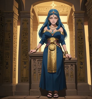 A masterpiece in 8K ultra-detailed resolution, combining the ancient Egyptian style with horror elements, rendered in ultra-high resolution with impressive details. | A 25-year-old woman wears an Egyptian outfit consisting of a white tunic with gold details, a long skirt with blue and gold stripes, a gold belt with scarab-shaped pendants, and gold sandals. She also wears a wide necklace with Eye of Horus pendants, gold bracelets with Egyptian engravings, and a gold tiara with a raised cobra on her forehead. Her blue hair is long and straight, with a side bang and a high hairstyle adorned with gold beads. Her yellow eyes are looking at the viewer while she smiles and shows her teeth. She is inside an Egyptian tomb, surrounded by hieroglyphs, statues of Egyptian gods, ancient sarcophagi, and hidden treasures. The atmosphere is mysterious and fascinating, with torchlight illuminating the tomb walls and creating dancing shadows. | The image highlights the beauty and mystery of the Egyptian woman, contrasting with the dark and scary tomb environment. The gold and blue details of the woman's outfit shine in the darkness, while the statues and hieroglyphs create a sense of antiquity and hidden secrets. The dramatic torchlight illuminates the scene's details and creates a tense and fearful atmosphere. | Soft and dark lighting effects create a mysterious and scary atmosphere, while detailed textures on the tomb walls, fabrics, and accessories add realism to the image. | A fascinating and terrifying scene of an Egyptian woman inside an ancient tomb, exploring themes of mystery, fear, and beauty. | (((((The image reveals a full-body shot of the character as she assumes a sensual pose. She enticingly leans, throws herself, and supports herself against a structure within the scene in an exciting manner. While leaning back, she takes on a sensual pose, boldly throwing herself onto the structure and reclining back in an exhilarating way.))))). | ((full-body shot)), ((perfect pose)), ((perfect fingers, better hands, perfect hands)), ((perfect legs, perfect feet)), ((huge breasts)), ((perfect design)), ((perfect composition)), ((very detailed scene, very detailed background, perfect layout, correct imperfections)), More Detail, Enhance,